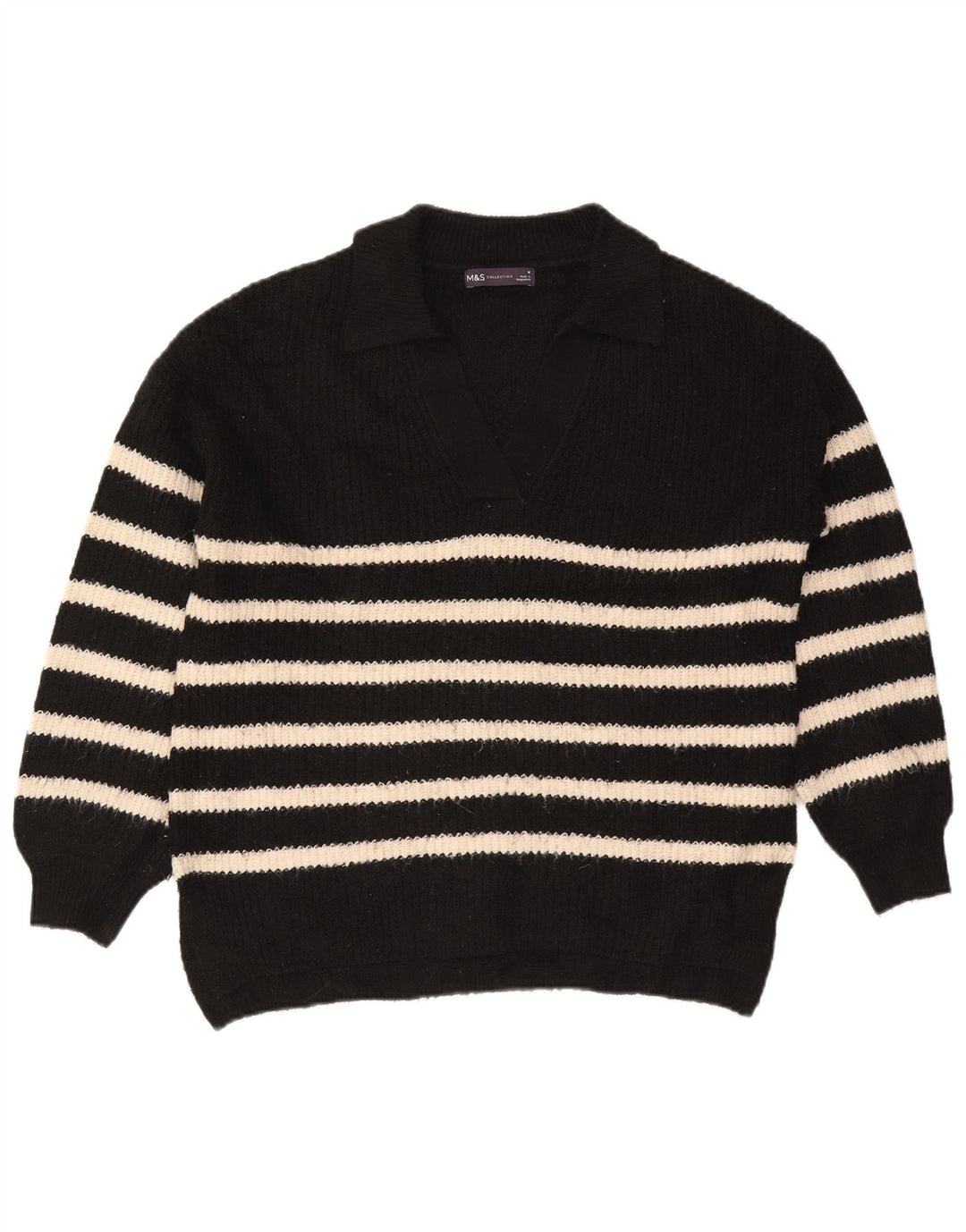 Marks & Spencer Pull à col polo pour femme UK 14 Medium Noir Rayé