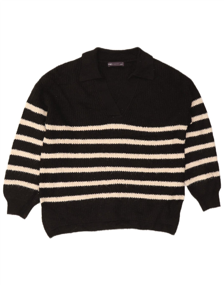 Marks & Spencer Pull à col polo pour femme UK 14 Medium Noir Rayé