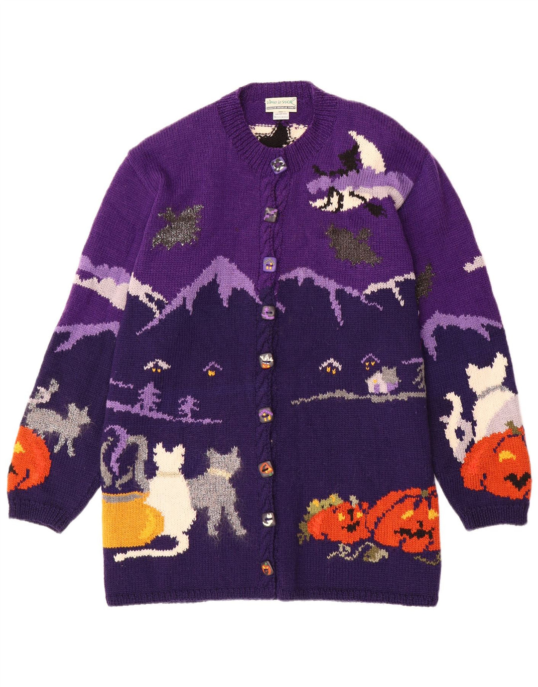 VINTAGE Femmes Graphique Cardigan Pull UK 20 2XL Violet Colourblock Laine