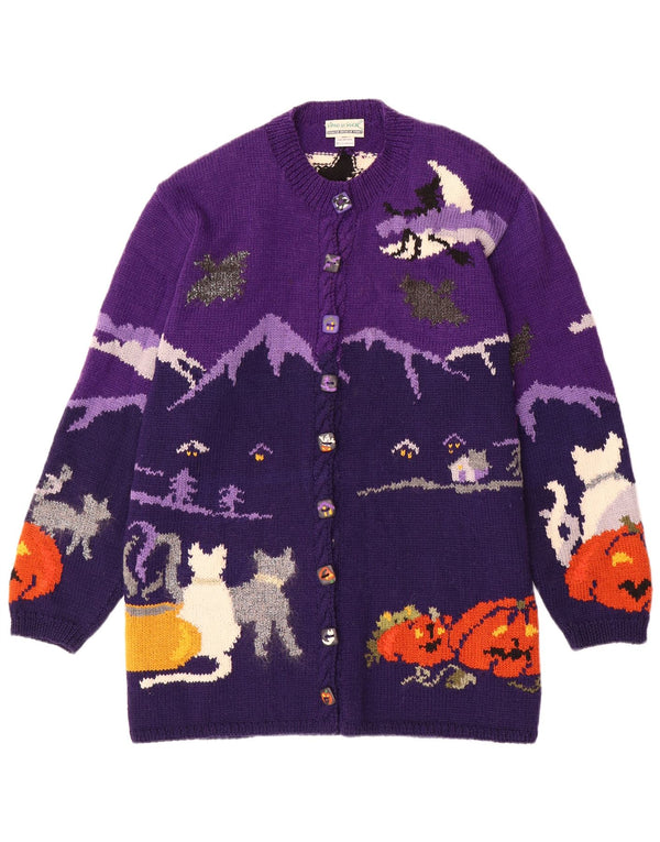 VINTAGE Femmes Graphique Cardigan Pull UK 20 2XL Violet Colourblock Laine