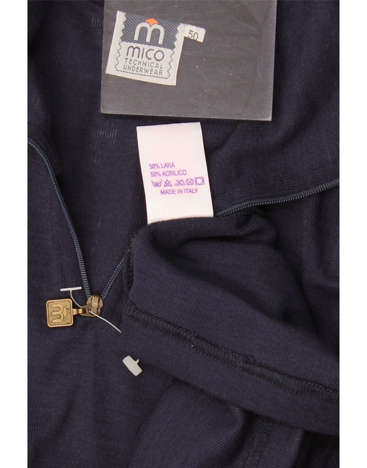 vintage Homme Zip Neck Jumper Pull IT 50 Laine Bleu Marine Moyenne