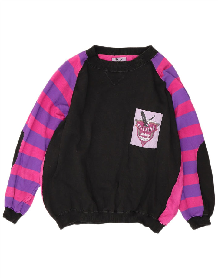 VINTAGE Sweat-shirt surdimensionné pour femme UK 14 Medium Black Colourblock