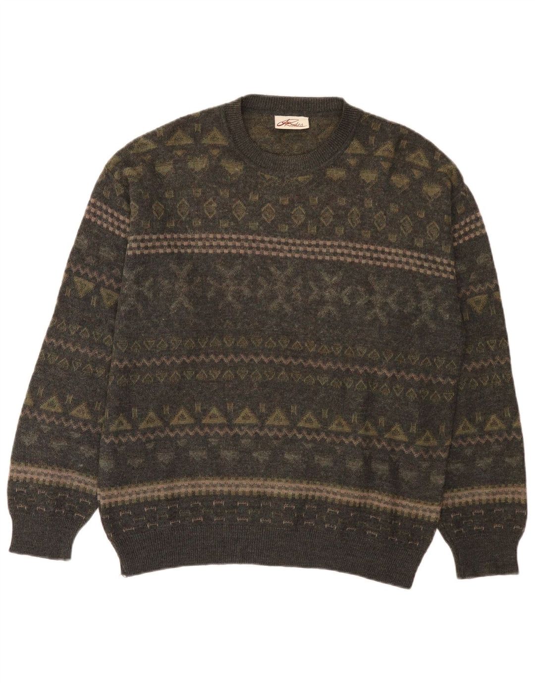 Rodes Pull à col rond pour homme en laine Fair Isle kaki moyen