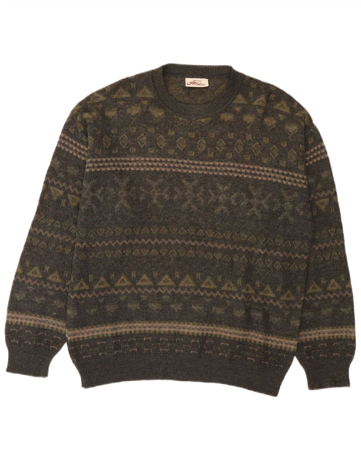 Rodes Pull à col rond pour homme en laine Fair Isle kaki moyen