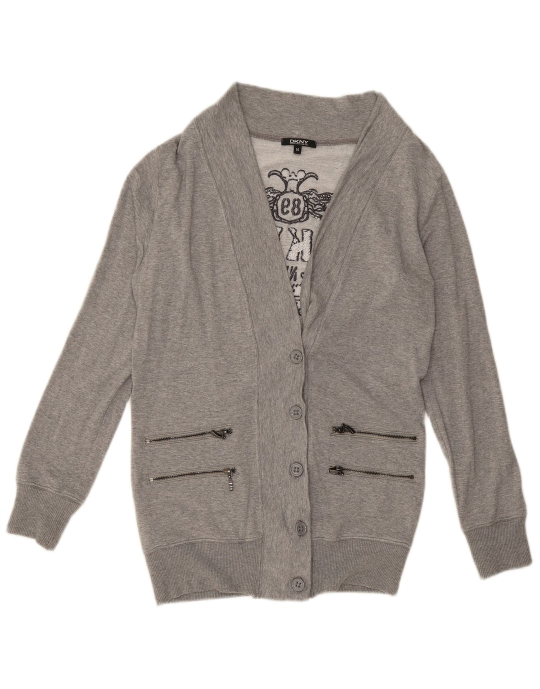 DKNY Pull Cardigan Graphique Femme UK 14 Viscose Chiné Gris Moyen
