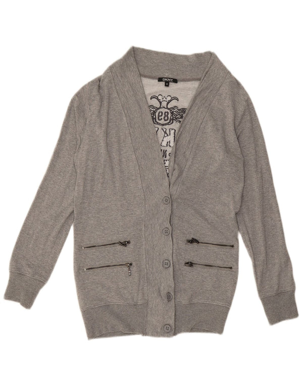 DKNY Womens Graphic Cardigan Sweater UK 14 Medium Grey Flecked Viscose