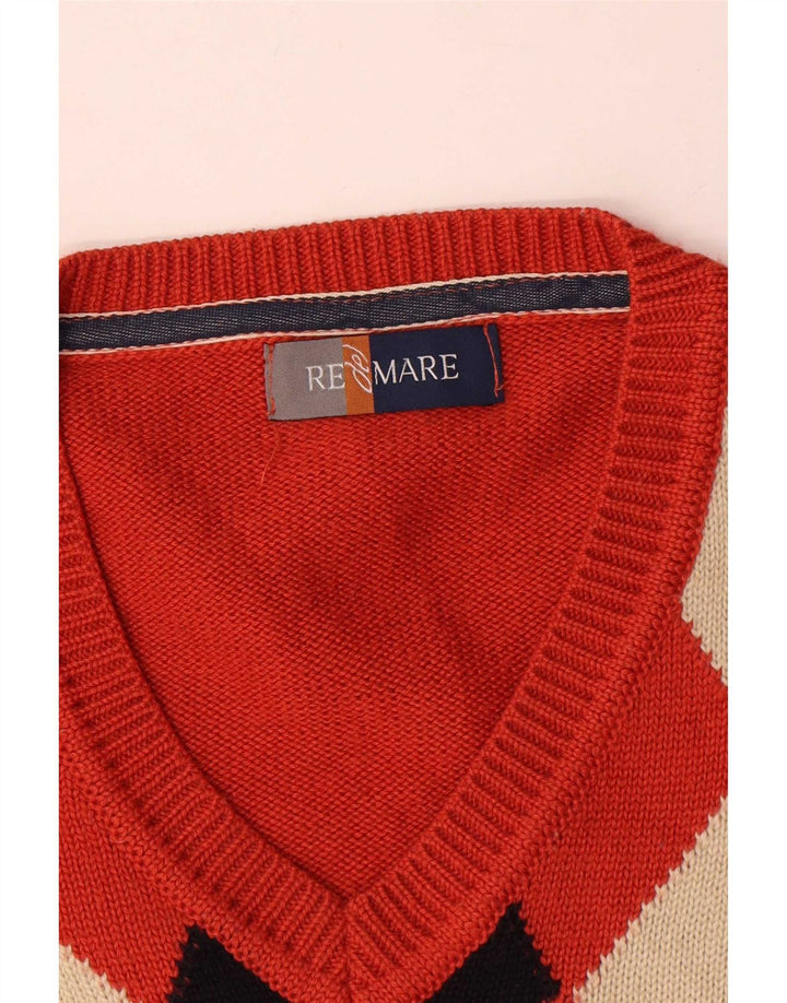 Re Del Mare Pull Col V Homme Orange Moyen Argyle/Diamant Laine