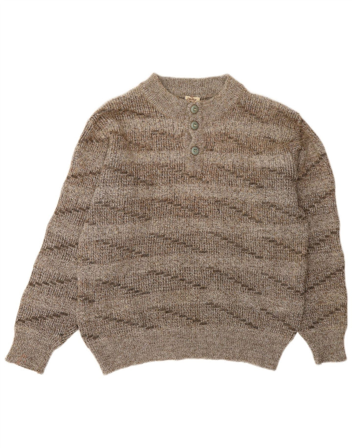 vintage Womens Button Neck Jumper Pull UK 16 Grande laine rayée brune