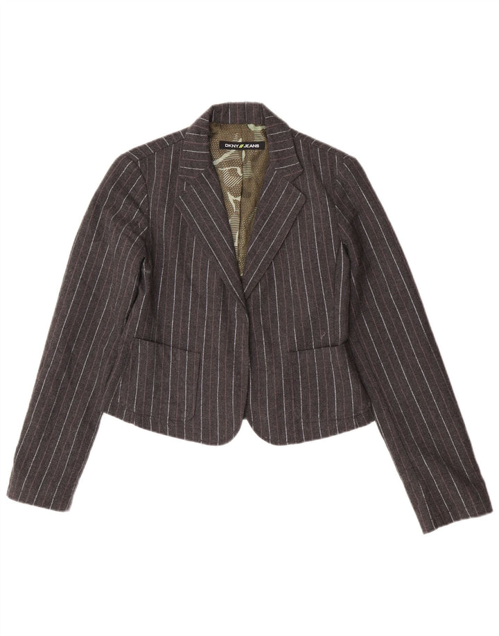 Dkny Veste blazer courte ouverte pour femme UK 12 Polyester à fines rayures gris moyen