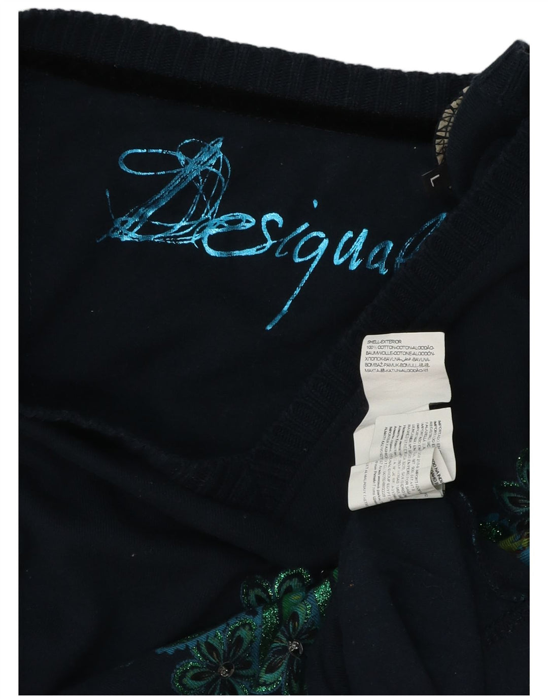 DESIGUAL Haut graphique à manches longues pour femme UK 14 Large Bleu marine Floral