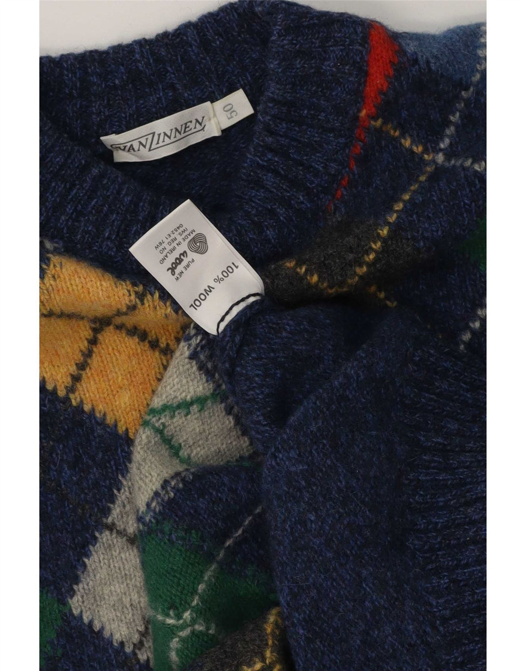 vintage Mens Crew Neck Jumper Pull IT 50 Moyen Bleu Argyle/Diamond Wool