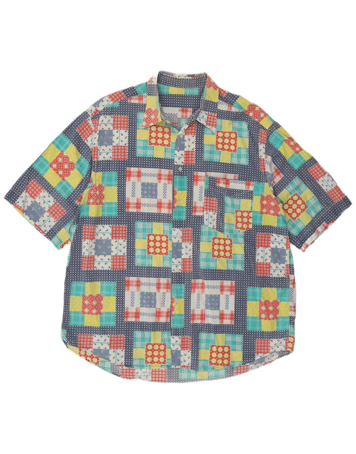 VINTAGE Chemise à Manches Courtes Homme XL Multicolore Patchwork Coton
