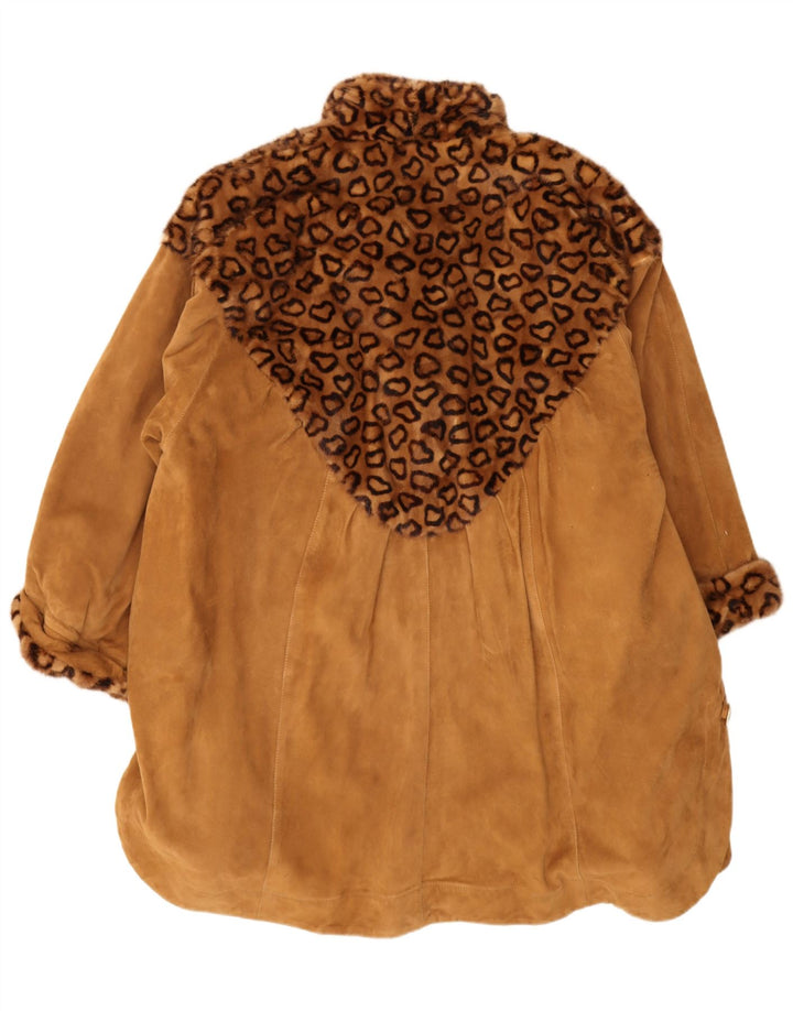 vintage Femmes Surdimensionné Manteau En Daim IT 44 Imprimé Animal Brun Moyen