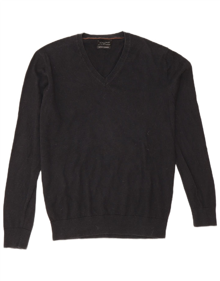 Zara Pull col V pour homme en coton noir Large