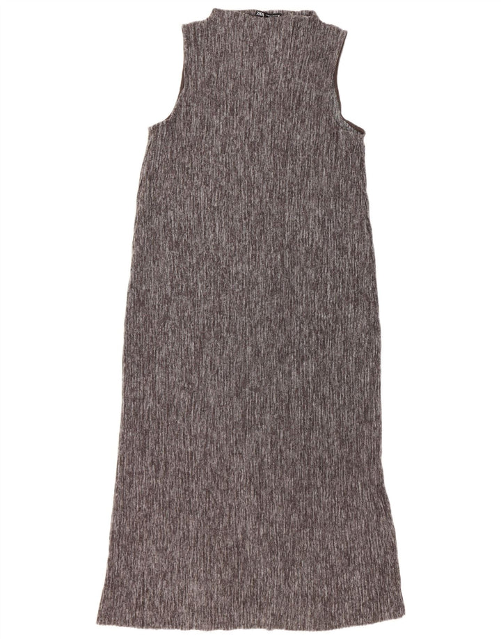 Zara Femme Robe Maxi Sans Manches UK 12 Gris Moyen Polyester