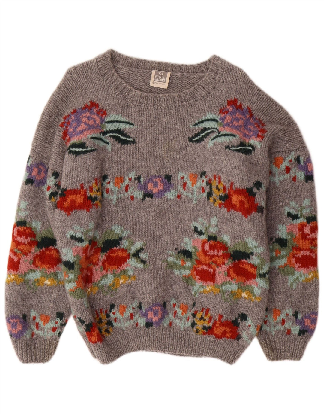 STEFANEL Pull col bateau pour femme UK 14 Gris moyen floral