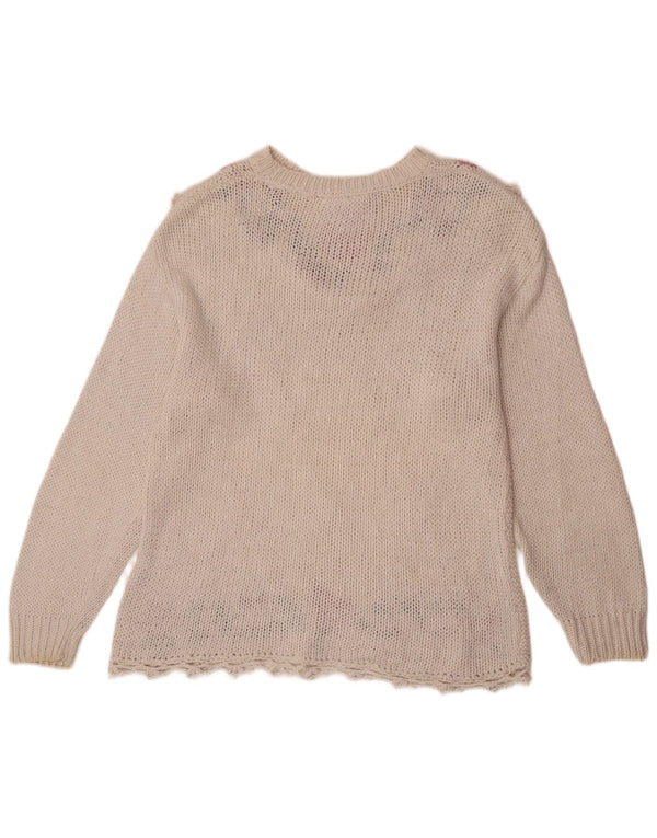 Vintage Womens Crew Neck Jumper Sweater UK 14 Medium White Floral Ramie