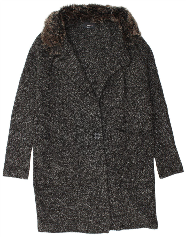 Zara Manteau en tricot surdimensionné pour femme UK 10 Petit acrylique moucheté noir