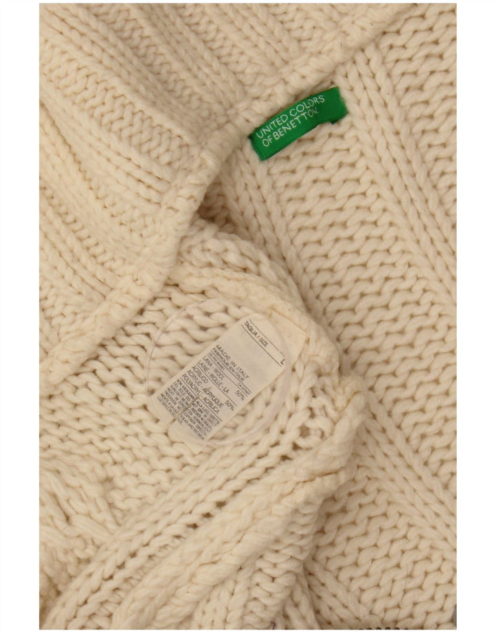 Benetton Pull Cardigan Femme UK 14 Large Laine Blanc Cassé