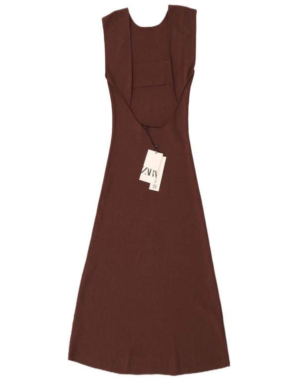 Zara Robe longue sans manches pour femme UK 12 Viscose marron moyen