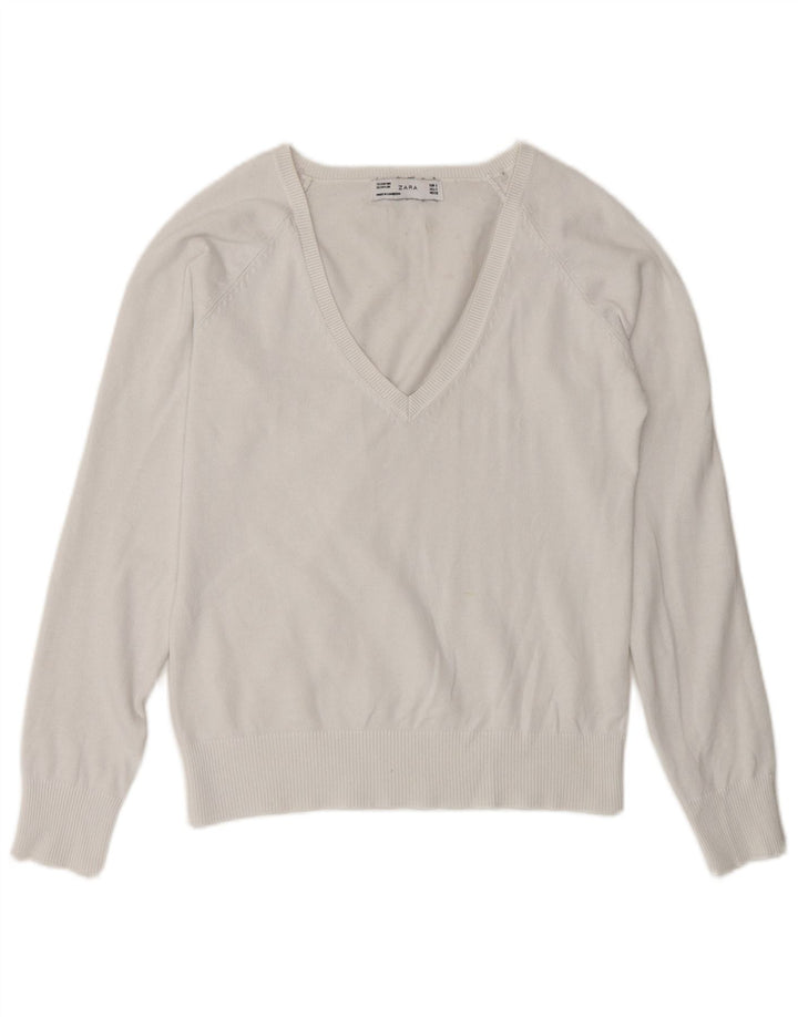 Zara Pull col V pour femme UK 10 Petit Blanc