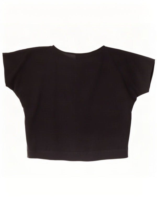 vintage Femmes Voir à travers Crop Blouse Top UK 14 Moyen Noir Floral