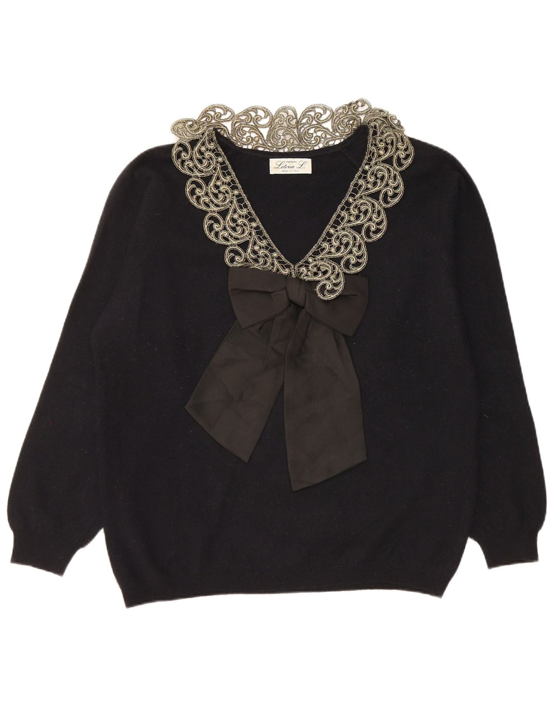 LETIZIA L. Pull col en V pour femme UK 16 Large laine cachemire noire