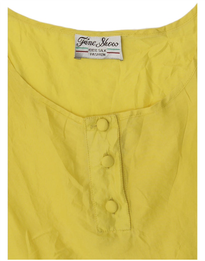 vintage Femme Blouse Sans Manches Top UK 14 Soie Jaune Moyenne