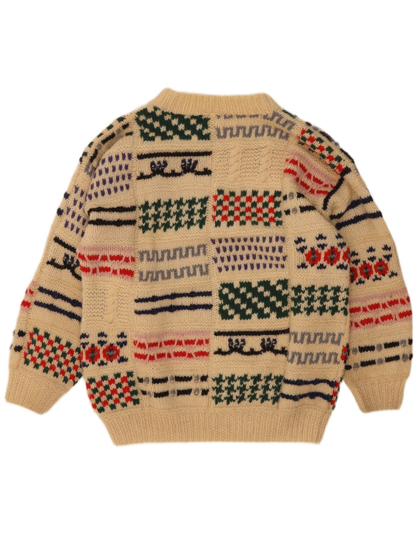 vintage Mens Crew Neck Jumper Pull Moyen Beige Patchwork Laine