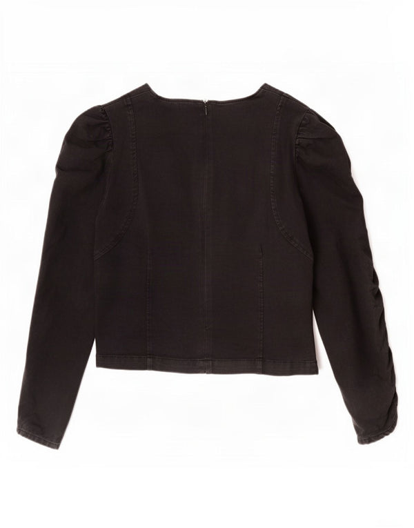 Zara Womens Crop Long Sleeve Blouse Top UK 12 Moyen Noir Coton