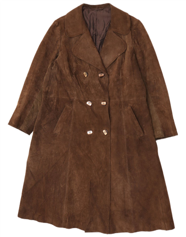vintage Femmes Daim Double Breasted Coat UK 16 Grand Brun