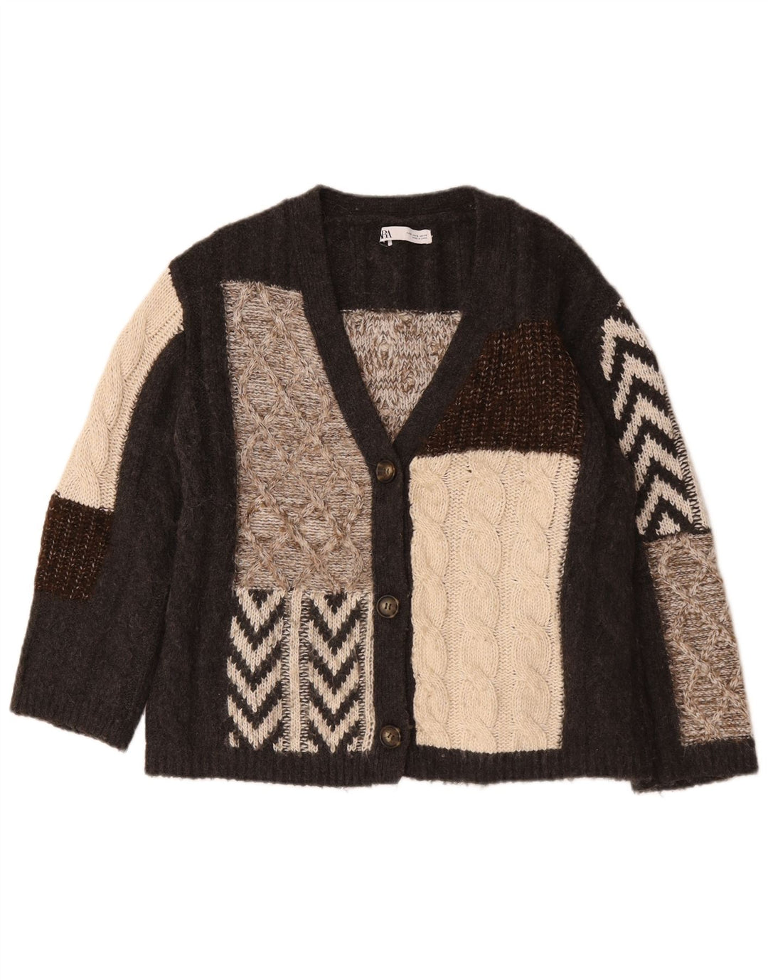 Zara Cardigan surdimensionné pour femme UK 10 Petit patchwork marron