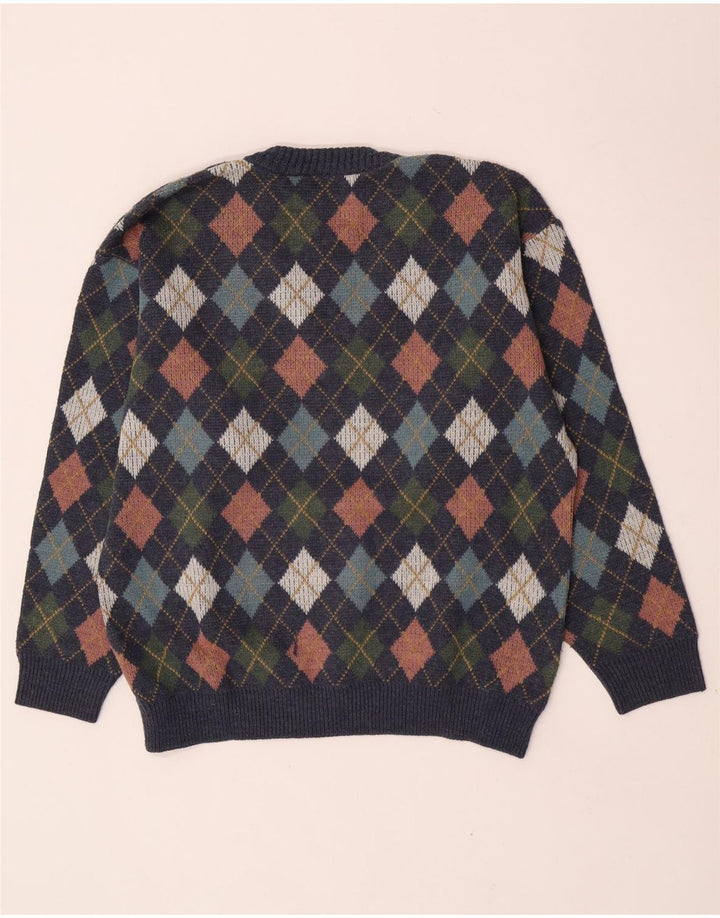 vintage Homme Col V Jumper Pull Grand Bleu Marine Argyle/Diamond Laine