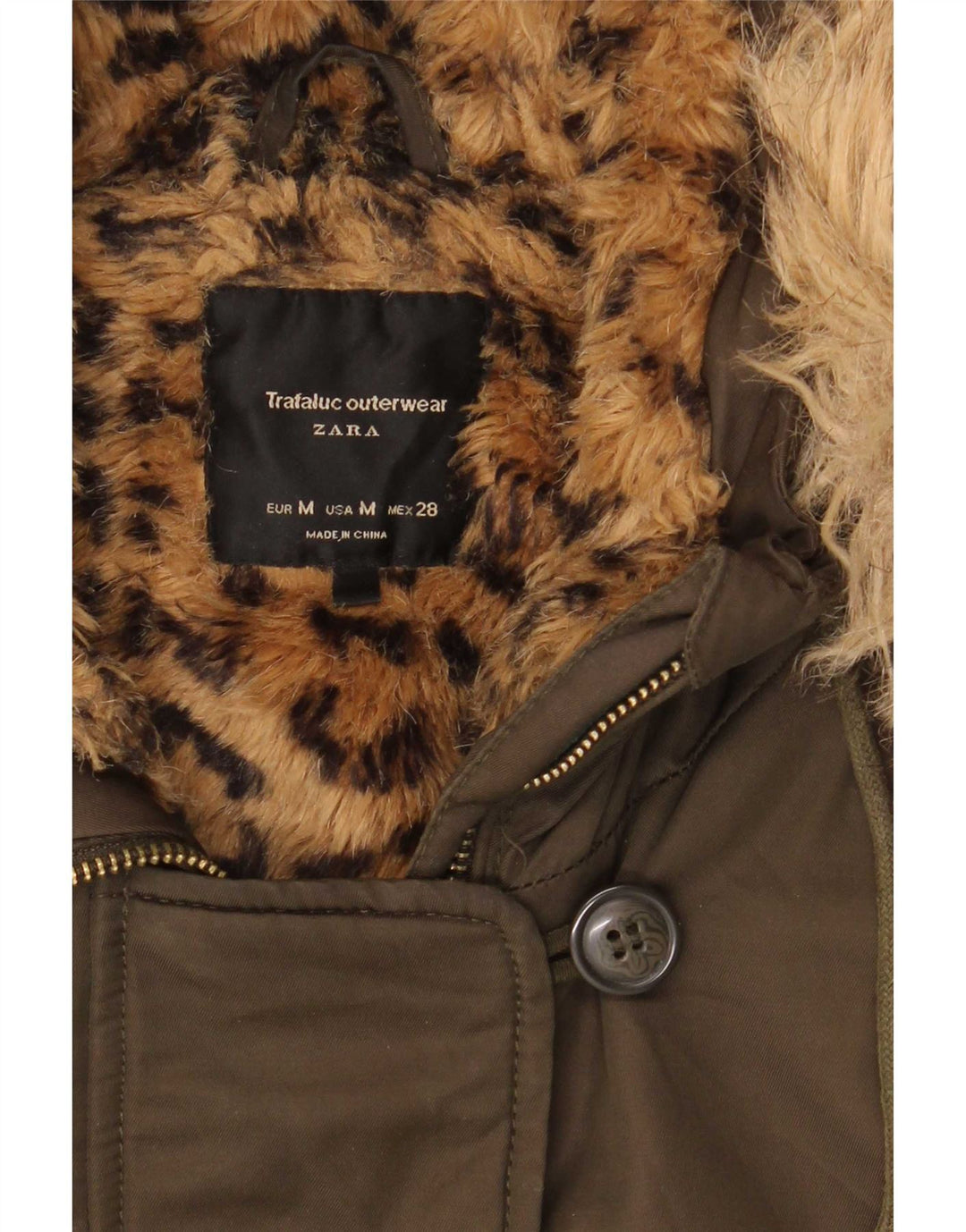 Zara Parka Sherpa à capuche pour femme UK 14 Kaki moyen