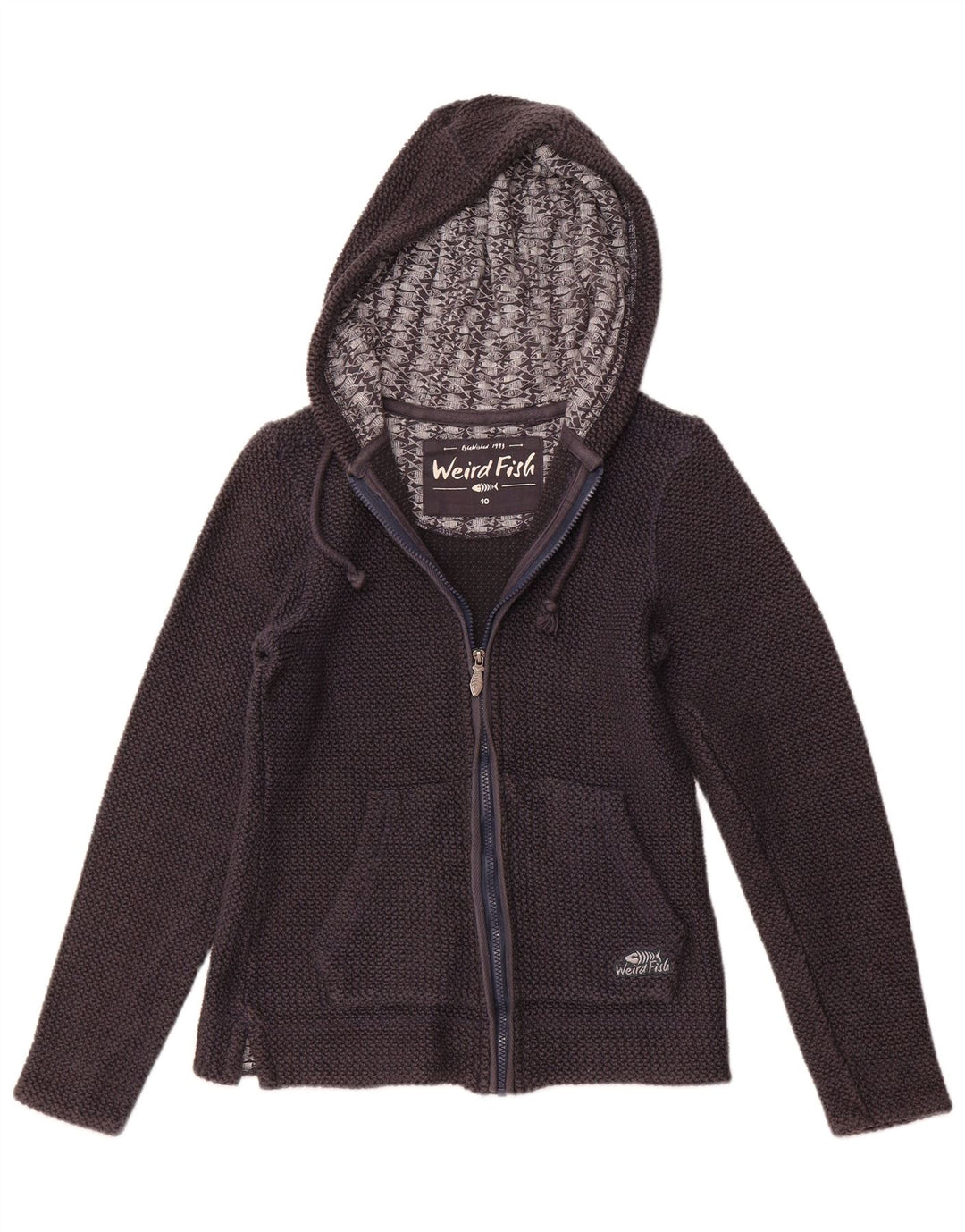 WEIRD FISH Pull à capuche zippé pour femme UK 10 Petit coton bleu marine