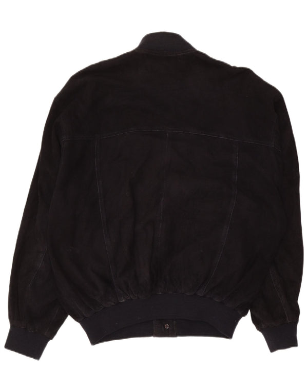 vintage Mens Suede Bomber Jacket IT 52 XL Cuir Bleu Marine