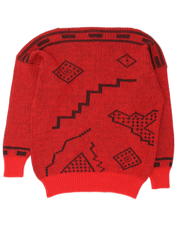 vintage Femme Col Bateau Pull Pull IT 44 Laine Géométrique Rouge Moyen