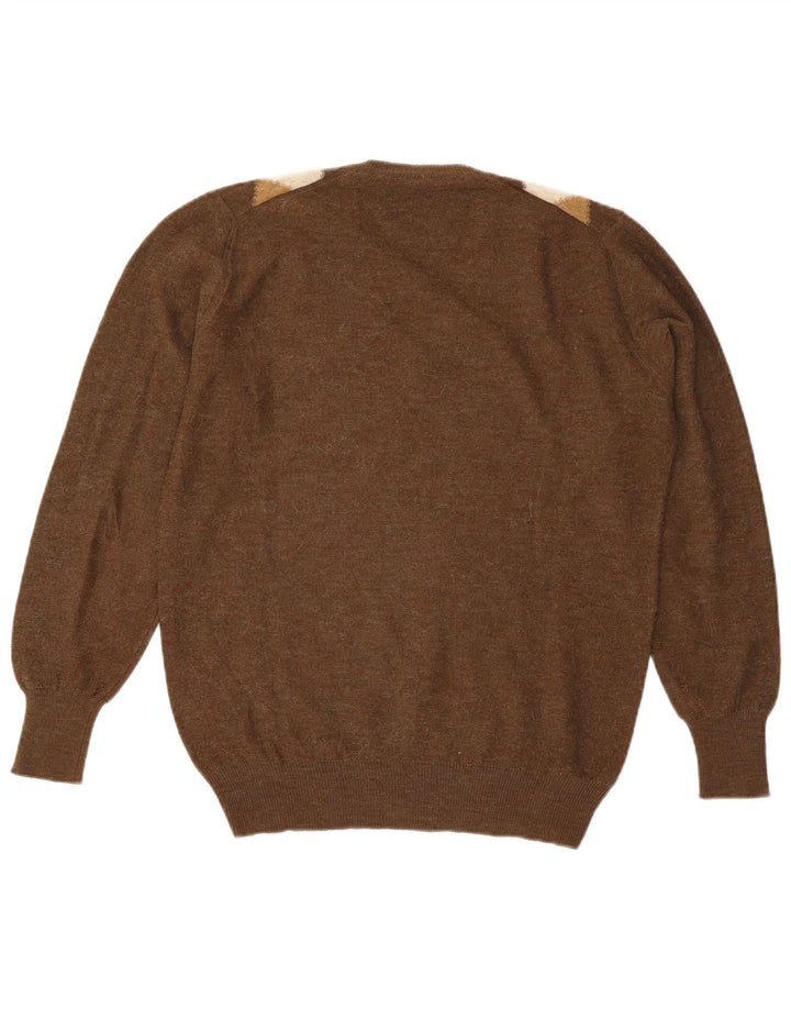 vintage Mens V-Col Jumper Pull Grand Marron Argyle/Diamant