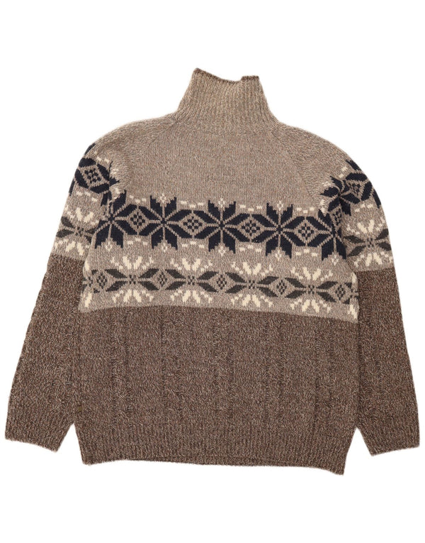 vintage Mens Roll Neck Jumper Pull XL Marron Fair Isle Laine