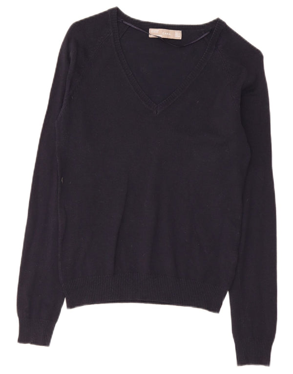 Zara Pull col V pour femme UK 12 Bleu marine moyen en coton