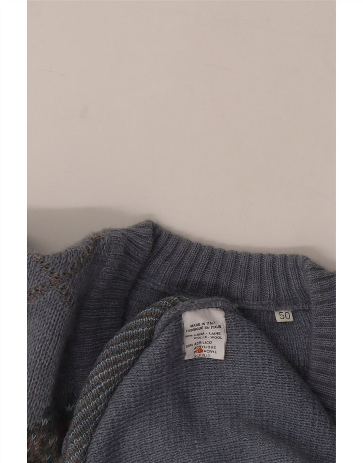 VINTAGE Pull col V pour homme IT 50 Laine Argyle/Diamant Bleu Moyen