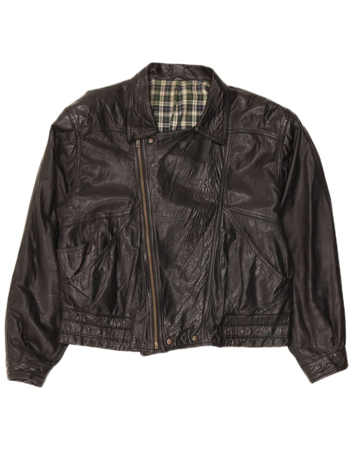 veste de motard en cuir vintage pour hommes IT 50 Grand Noir
