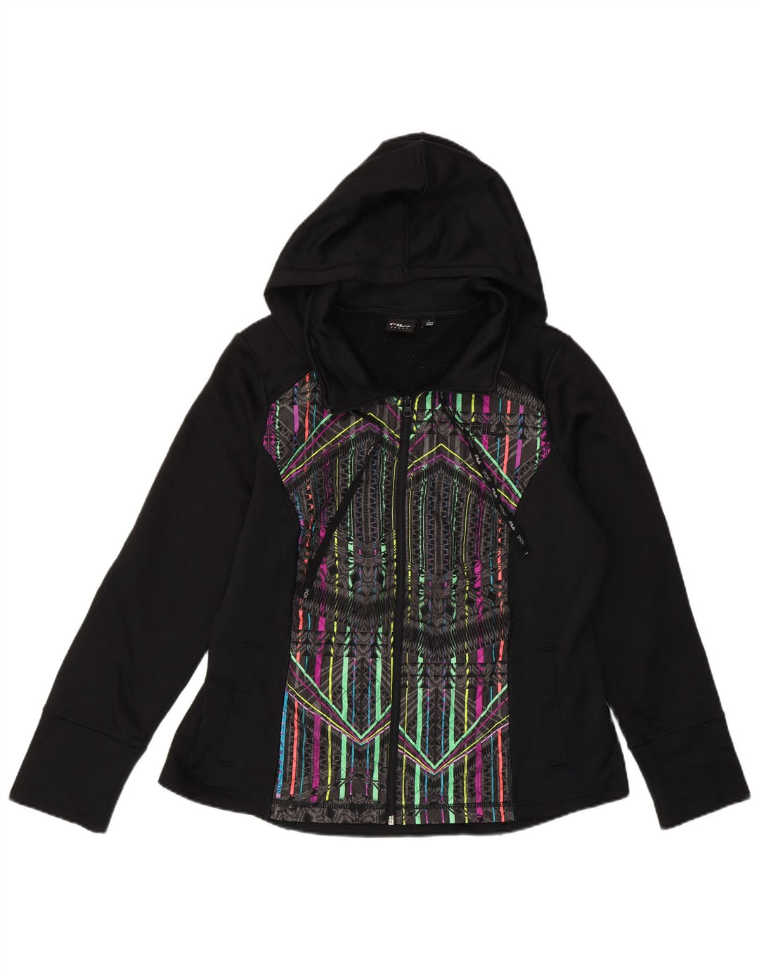 Fila Pull à capuche zippé pour femme UK 16 Large Noir Géométrique Polyester