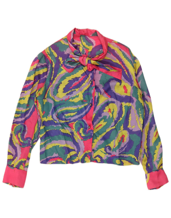 VINTAGE Femme Front Tie Shirt Blouse UK 14 Grand Paisley Multicolore
