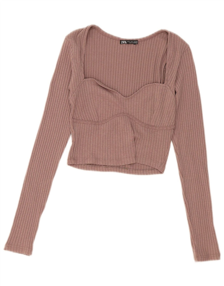 Zara Femme Crop Top Manches Longues UK 8 Petit Rose Polyester