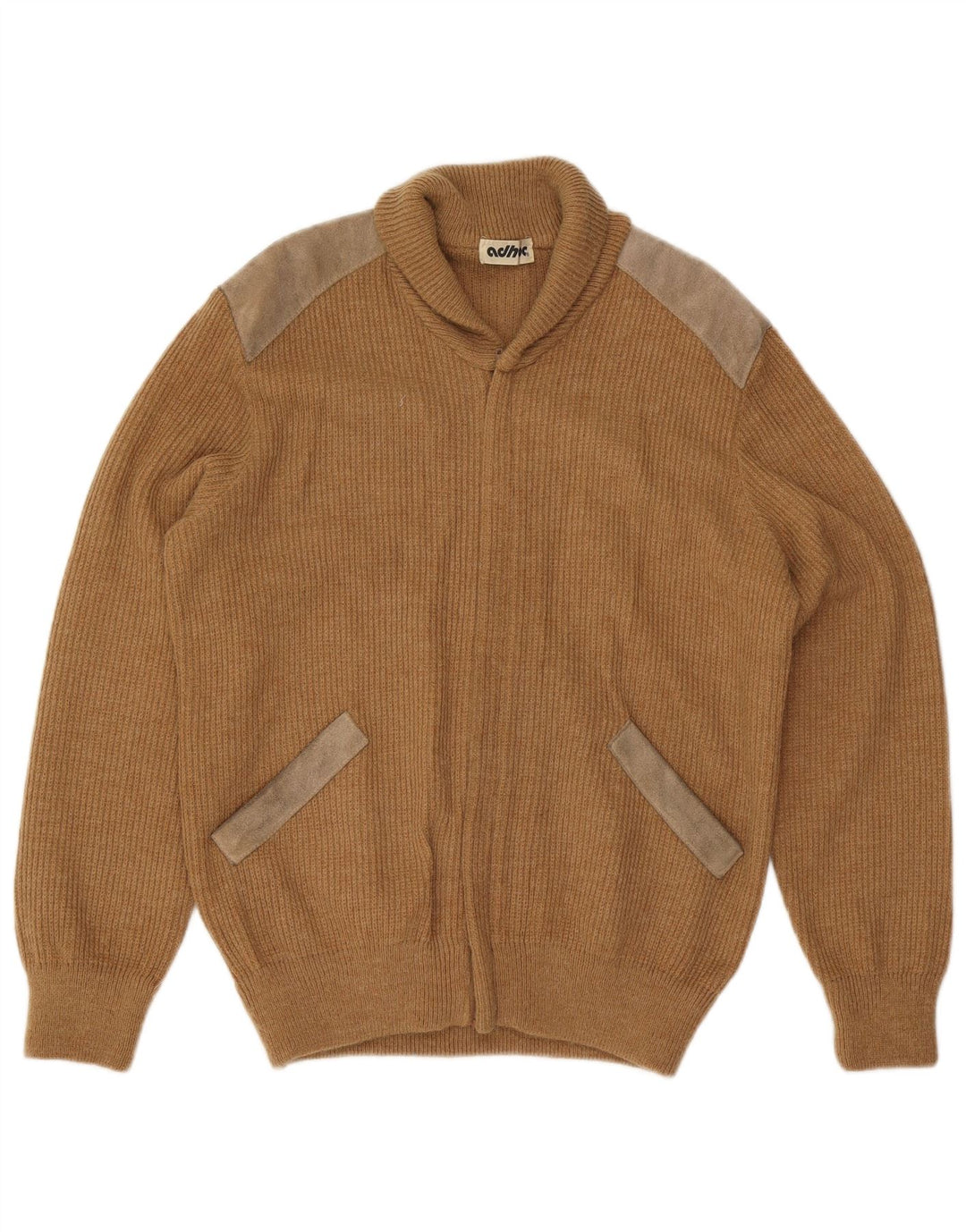 vintage Mens Cardigan Pull Moyen Beige Colorblock Acrylique