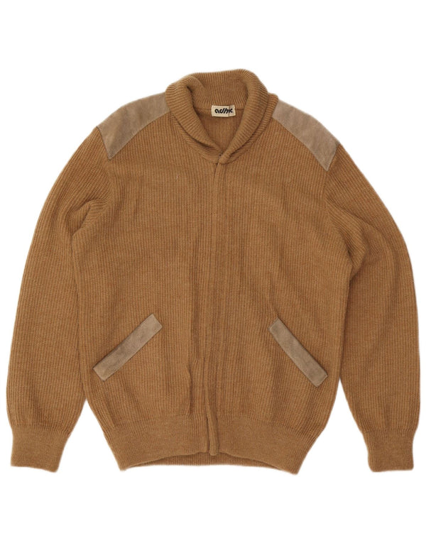 vintage Mens Cardigan Pull Moyen Beige Colorblock Acrylique