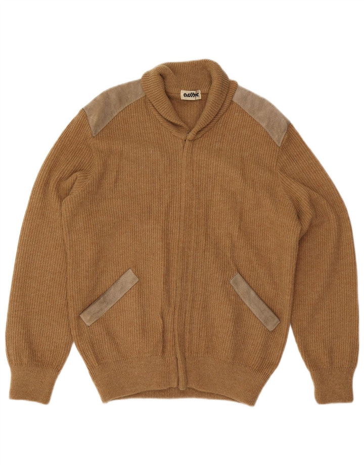 vintage Mens Cardigan Pull Moyen Beige Colorblock Acrylique