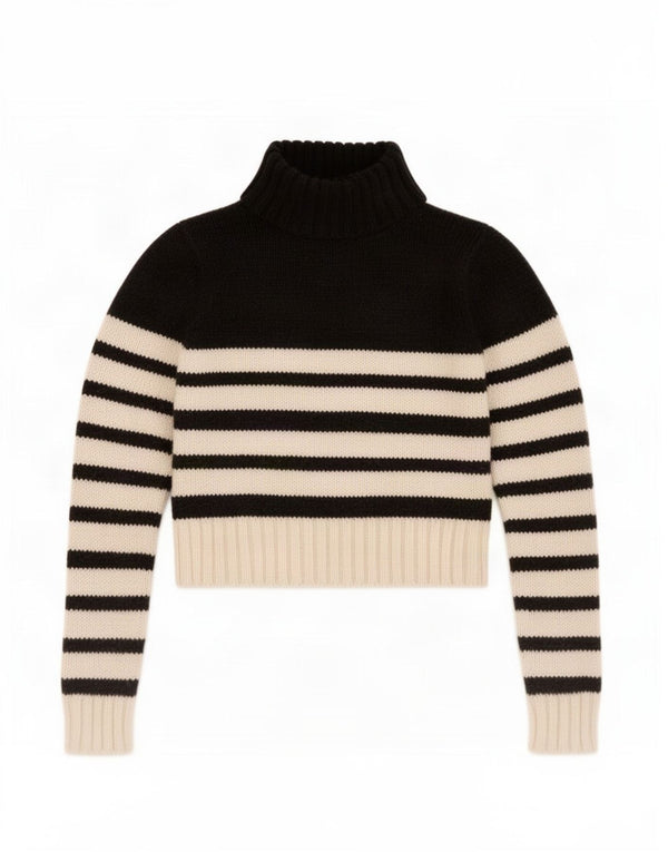 Zara Womens Crop Roll Neck Jumper Sweater UK 16 Grand Acrylique Rayé Noir
