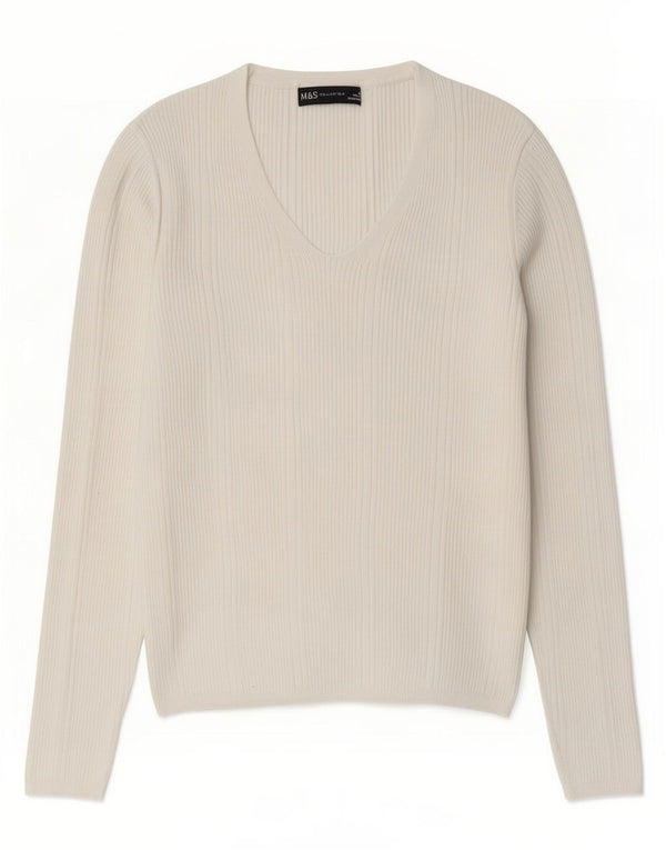 Marks & Spencer Pull col en V pour femme UK 10 Petite viscose blanche